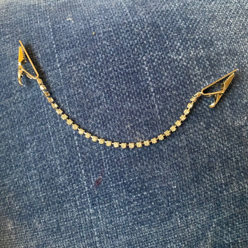 Vintage 1950s Rhinestone Sweater Guard Clip Silver Tone Cardigan Chain Accessory